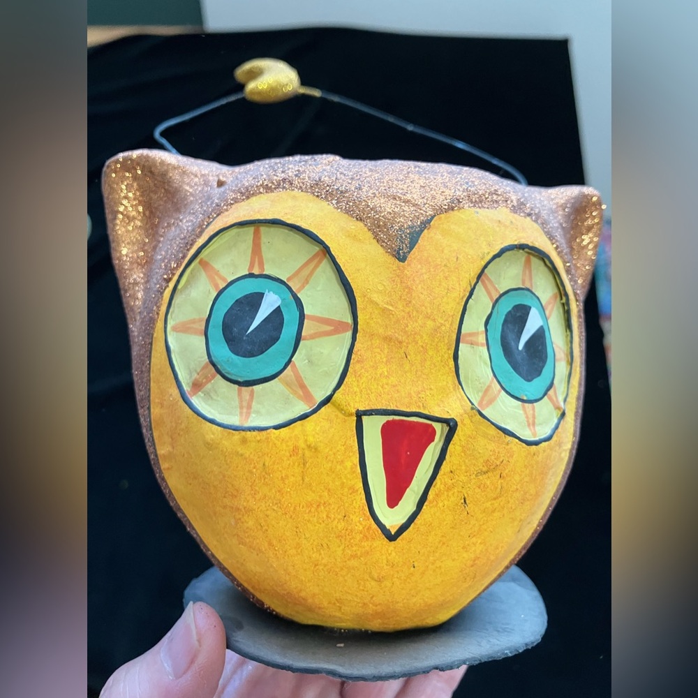 Vintage Inspired Halloween PaperOwl Bucket w/Handle 5”Handpainted with Glitter - Picture 3 of 10